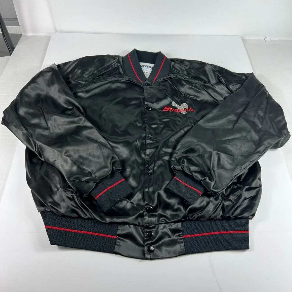 VTG 90s Snap-On Satin Jacket Extra Large Black Embroidered Snap Button USA Made